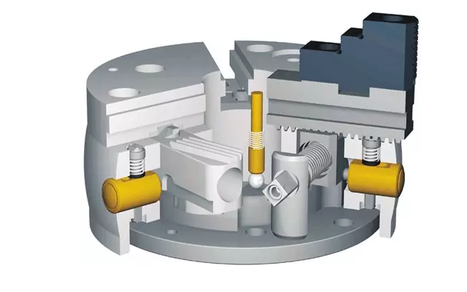 SCHUNK卡盤的基本結構包括強化處理的卡盤基體,充分的油脂潤滑,磨損極為輕微。因此保持高精度下更長的使用壽命。獨具特色的外輪廓設計,使盡量少的冷卻液殘留在機床主軸或主軸軸承處。極端穩固的盤體防止了因更高的夾持力及徑向負荷導致的精度失穩狀況。大通孔,利于大尺寸棒料的通過及自動上下料 。基爪——通用性好,與F型及Duro型匹配。    卡爪快換系統:使用獨立鎖緊的卡爪,保持高精度的同時,極大縮短輔助時間(調整、更換)。